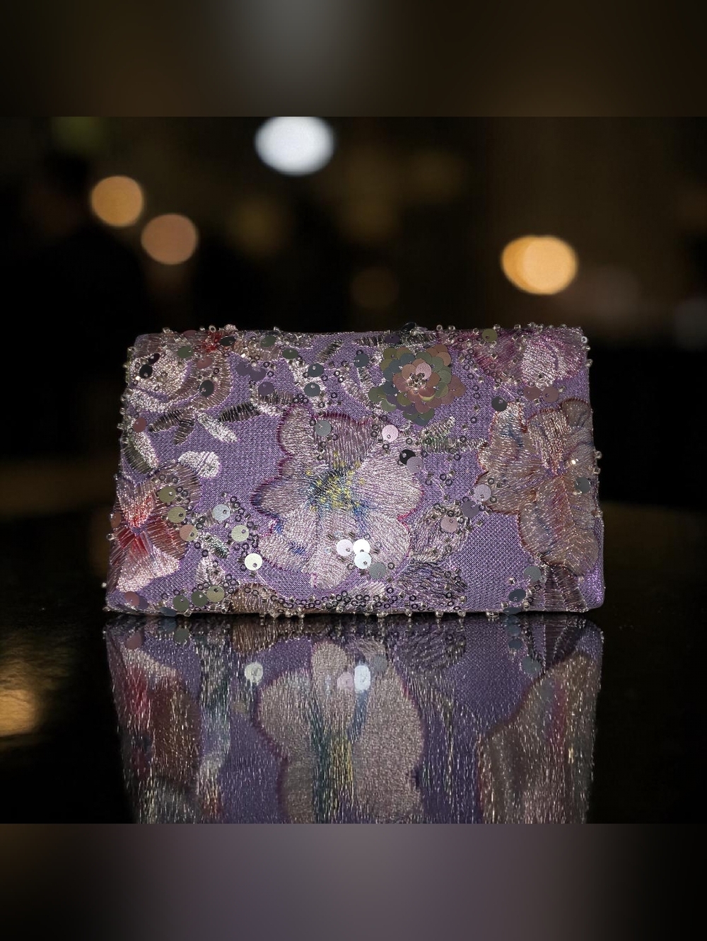 Floral Sequin Embroidered Clutch Bag – Vintage Evening Purse with Gold Chain